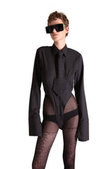 Tailored Wool Pinstripe Shirt Bodysuit
