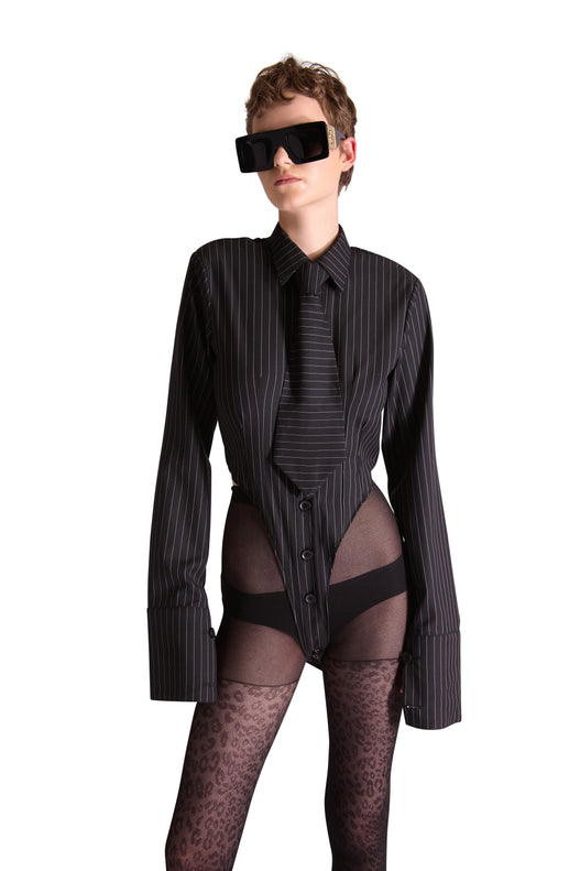 Tailored Wool Pinstripe Shirt Bodysuit