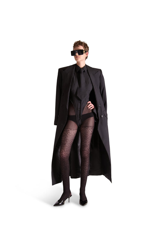 Peak Lapel Double Breasted Pinstripe Wool Overcoat