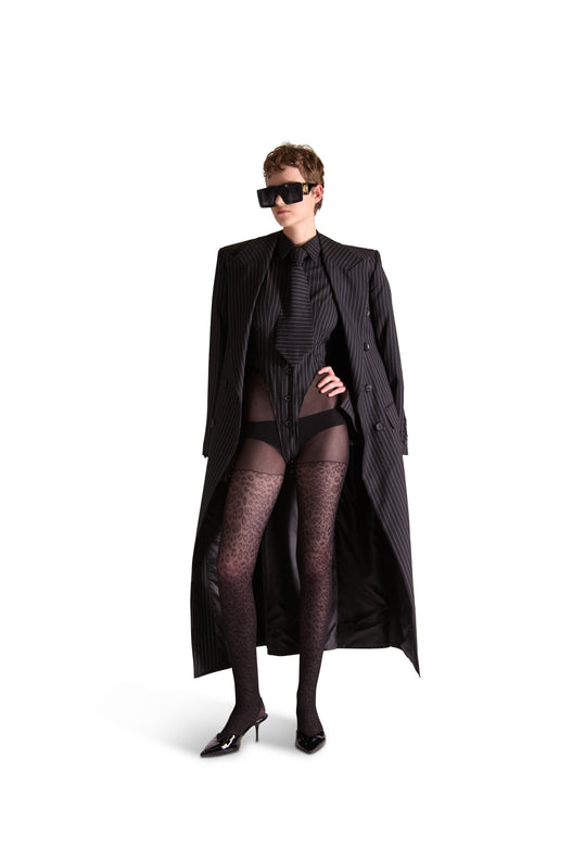 Peak Lapel Double Breasted Pinstripe Wool Overcoat