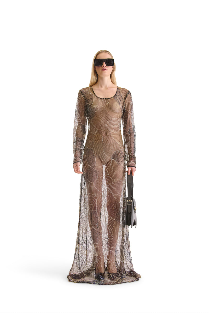 Hand Embroidered Sheer Evening Dress