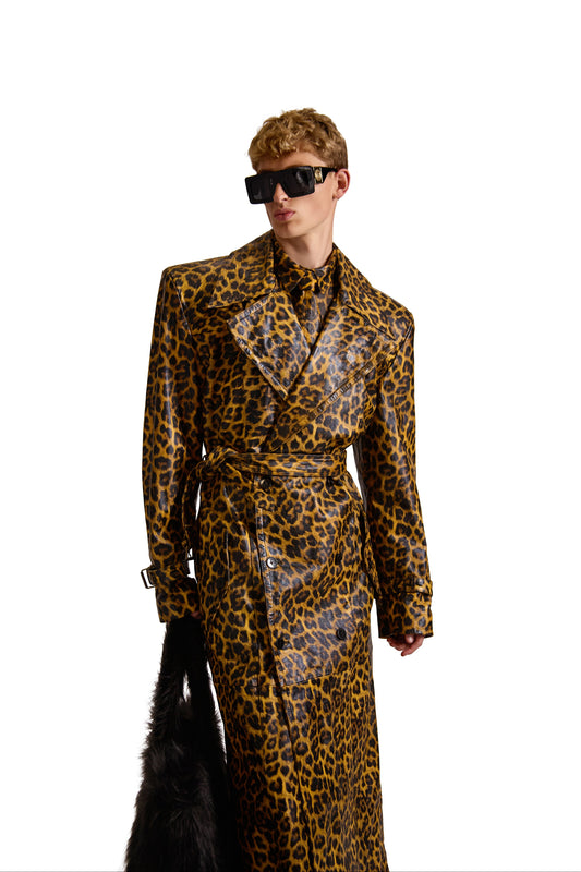 Double Breasted Belted Leather Long Coat