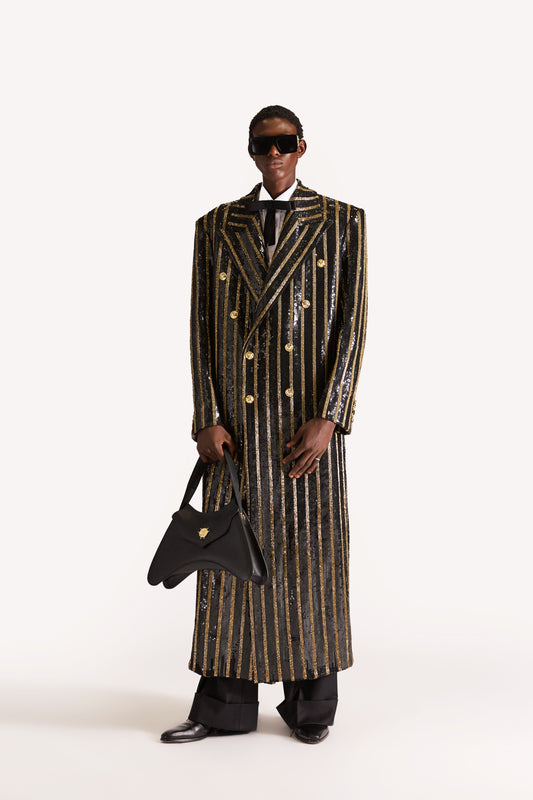 Hand-Embroidered Double Breasted Wool Overcoat