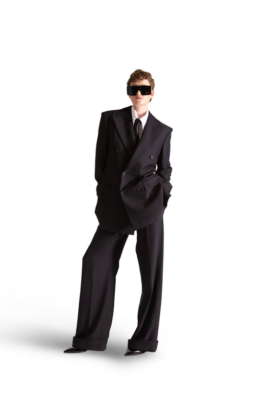 Peak Lapel Double Breasted Pinstripe Wool Blazer