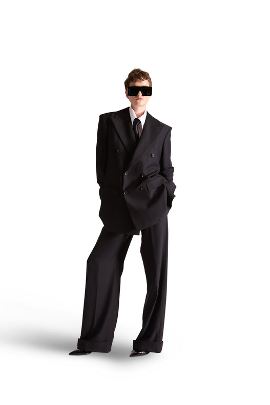 Peak Lapel Double Breasted Pinstripe Wool Blazer
