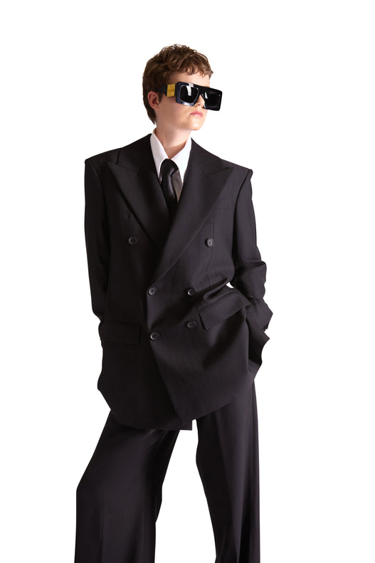 Peak Lapel Double Breasted Pinstripe Wool Blazer