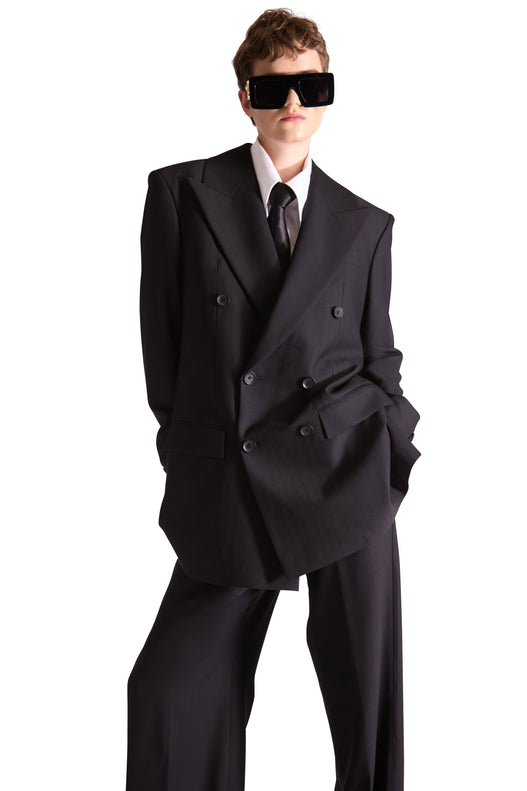 Peak Lapel Double Breasted Pinstripe Wool Blazer
