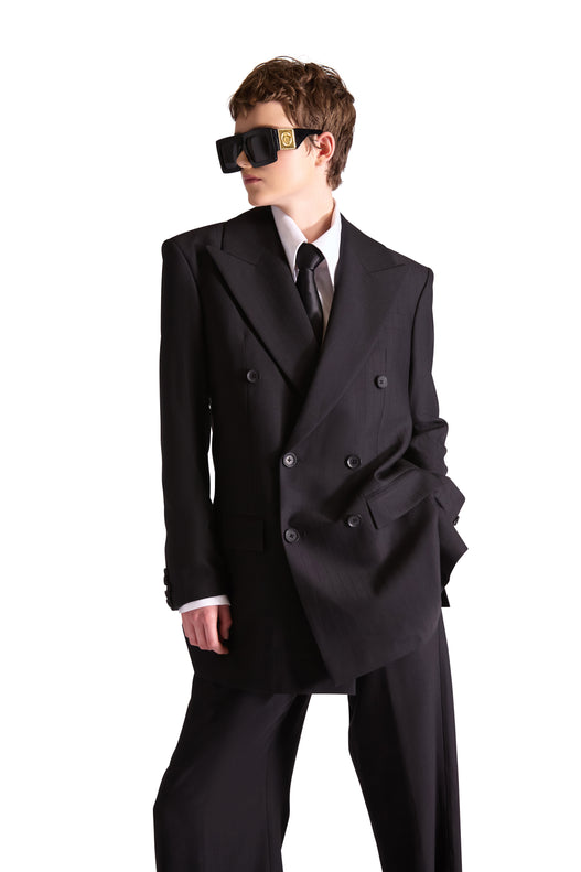 Peak Lapel Double Breasted Pinstripe Wool Blazer