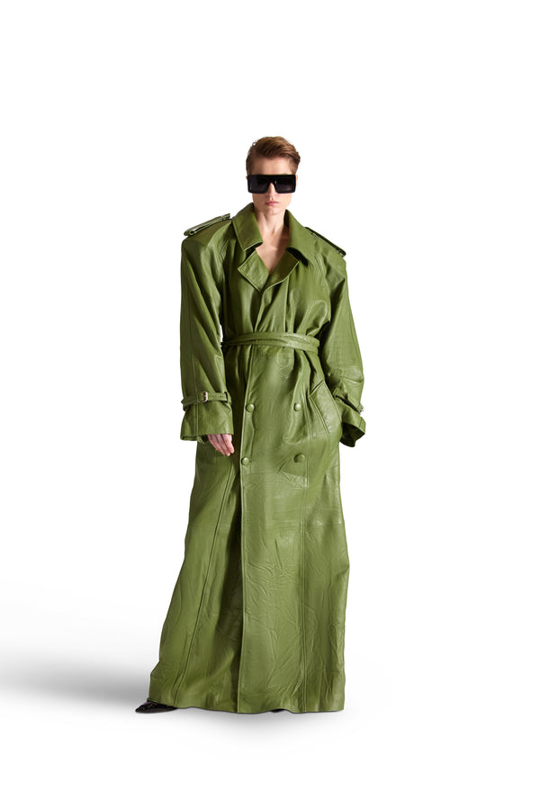 Double Breasted Belted Leather Long Coat