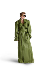 Double Breasted Belted Leather Long Coat