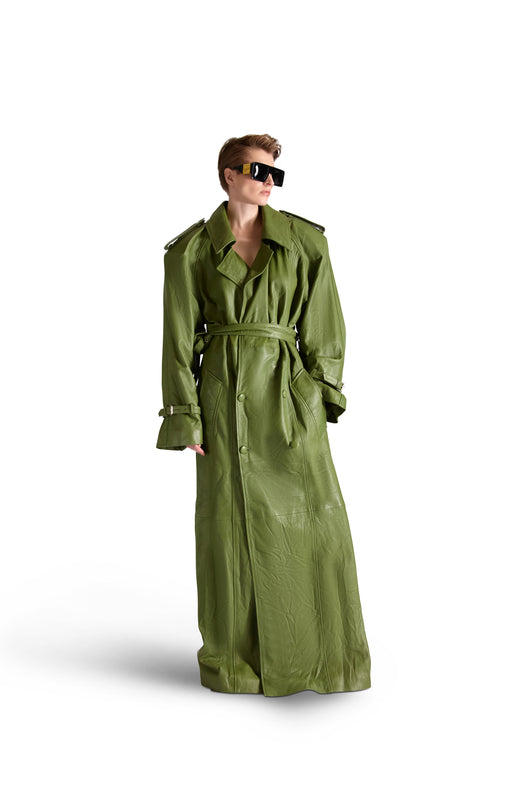 Double Breasted Belted Leather Long Coat