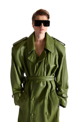 Double Breasted Belted Leather Long Coat
