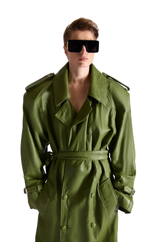 Double Breasted Belted Leather Long Coat