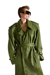 Double Breasted Belted Leather Long Coat