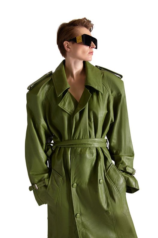 Double Breasted Belted Leather Long Coat