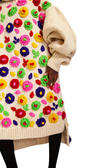 Hand Knit Wool Flower Turtle Neck Dress