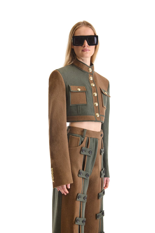 Short Buttoned Wool Contrast Piping Jacket