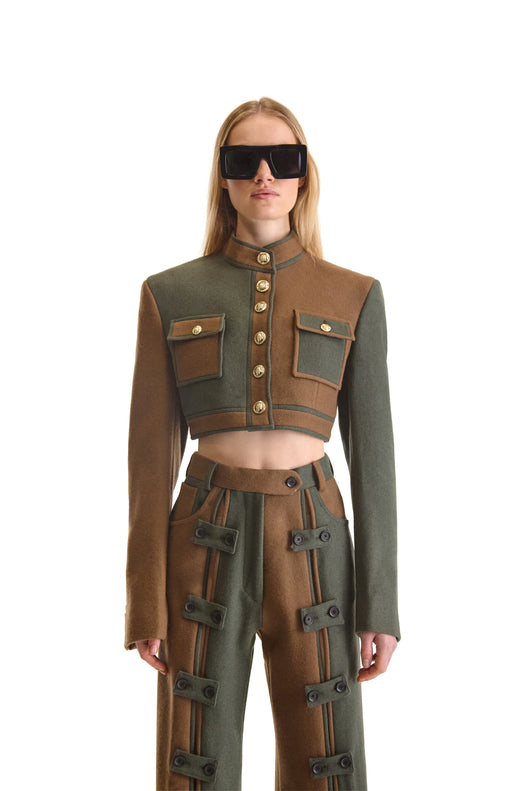 Short Buttoned Wool Contrast Piping Jacket