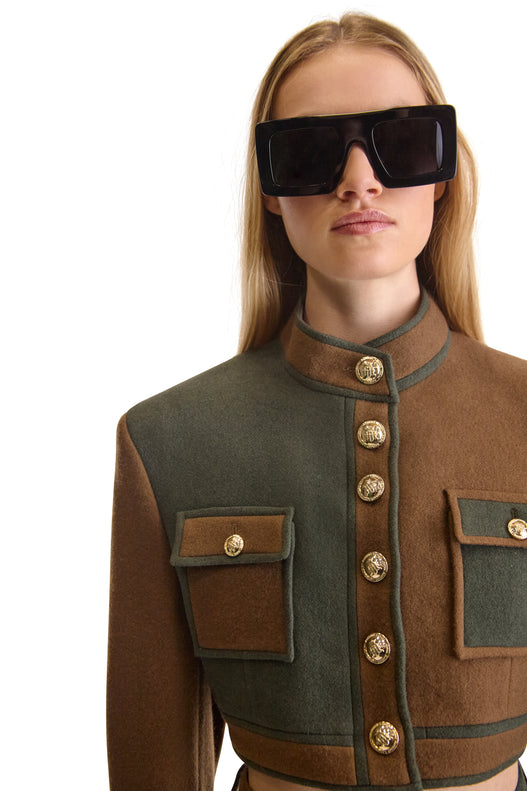 Short Buttoned Wool Contrast Piping Jacket