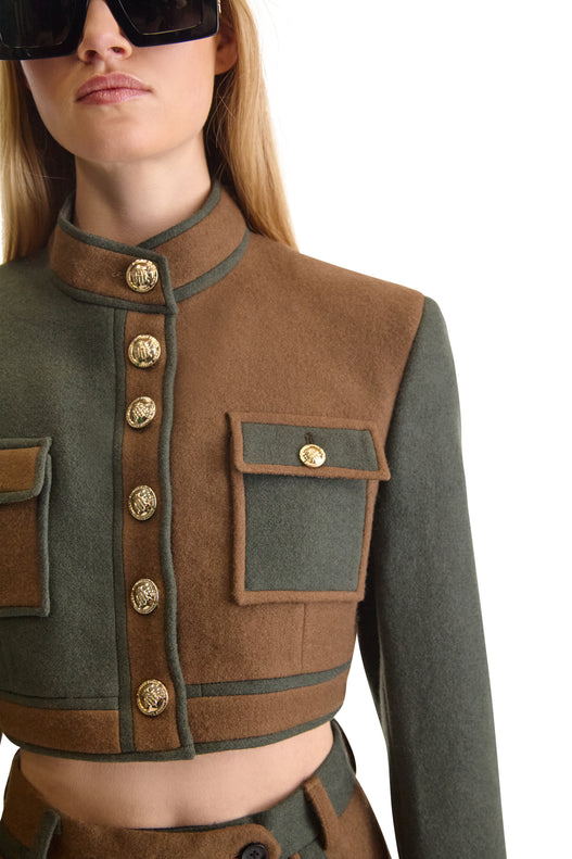 Short Buttoned Wool Contrast Piping Jacket