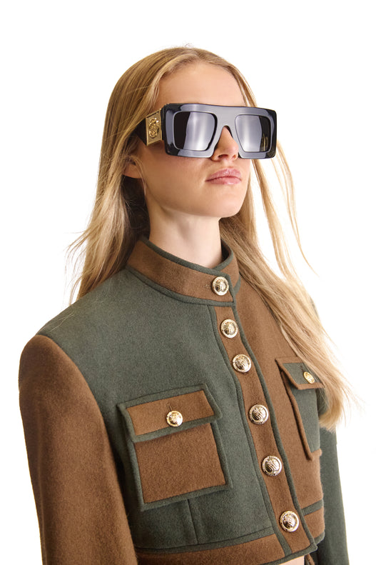 Short Buttoned Wool Contrast Piping Jacket