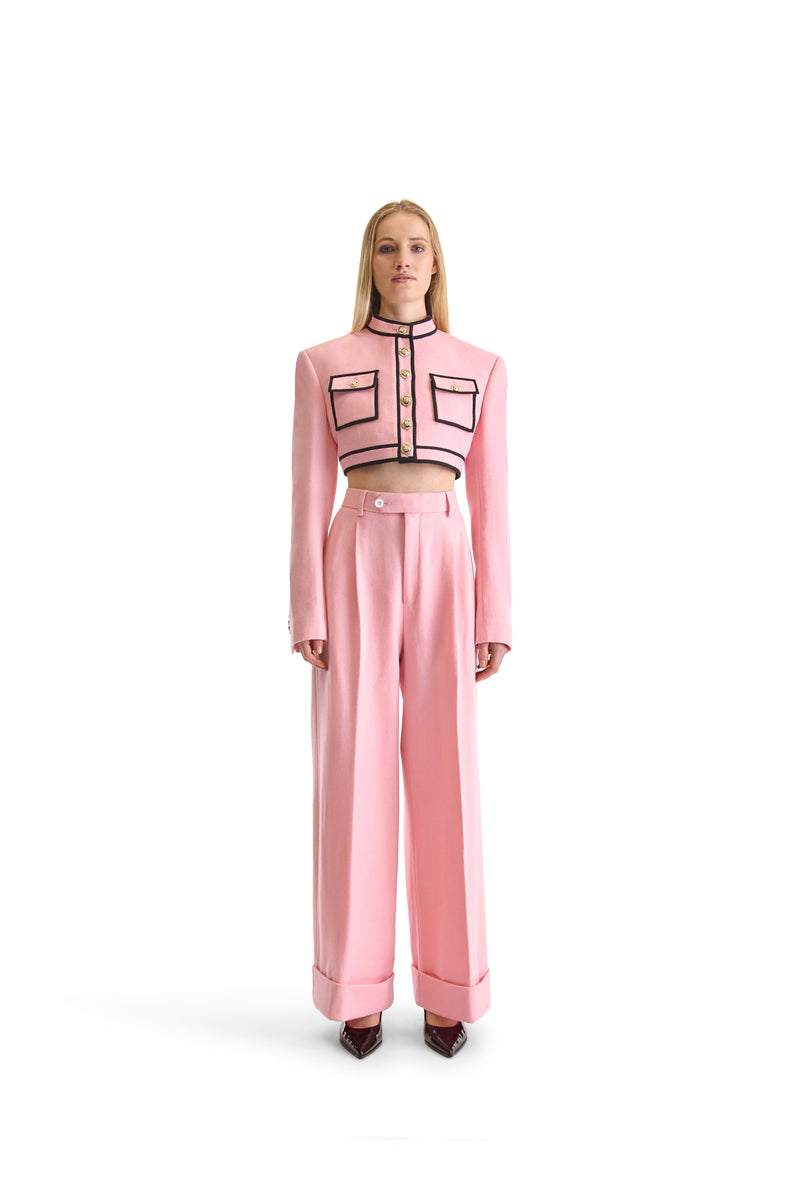 Tailored Short Buttoned Wool Contrast Piping Jacket