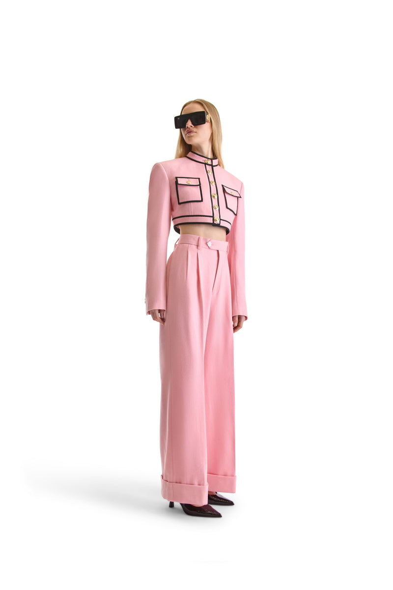 Tailored Short Buttoned Wool Contrast Piping Jacket