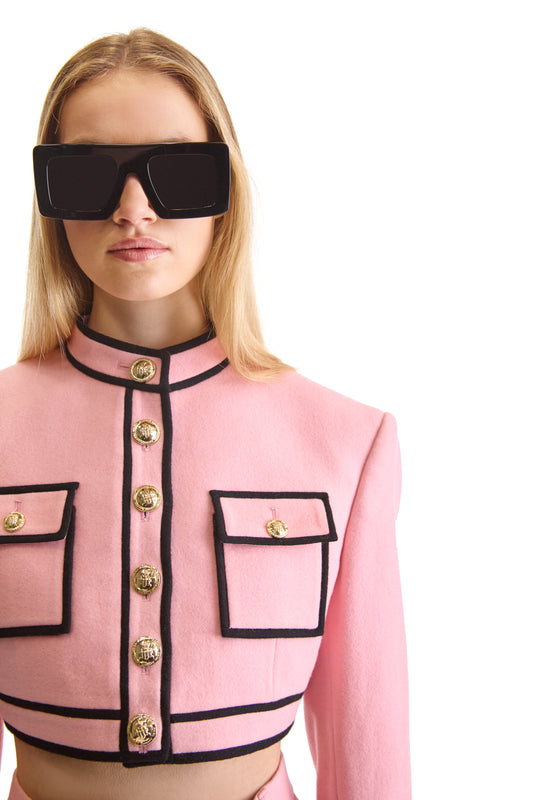Tailored Short Buttoned Wool Contrast Piping Jacket