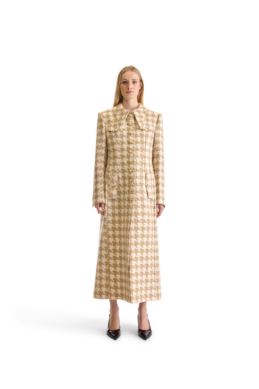 Shirt Collared Houndstooth Tweed Long Coat