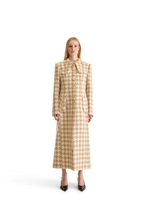 Shirt Collared Houndstooth Tweed Long Coat