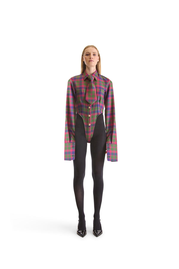 Tailored Wool plaid Shirt Bodysuit