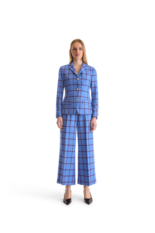 Tailored Wool Cashmere Wide Leg Check Trouser