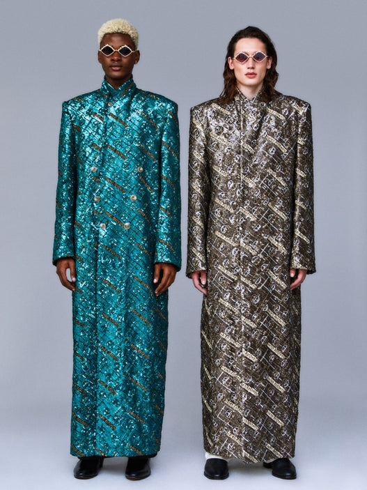 Hand-Embroidered Monogram Wool Long Coat