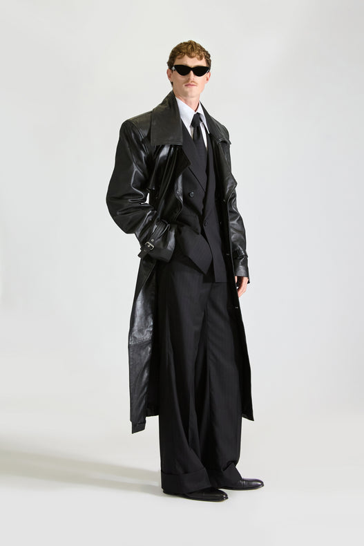 Self Stripe Wool Suit & Leather Overcoat