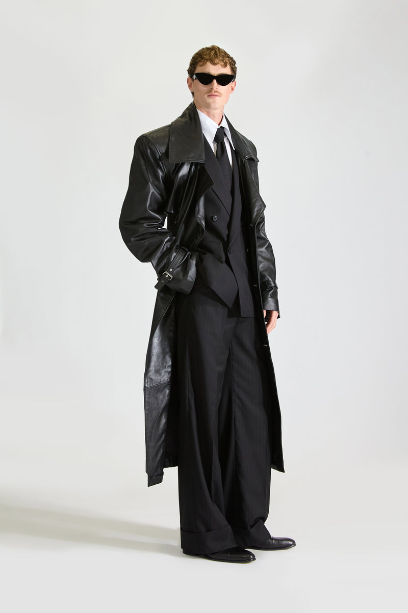 Self Stripe Wool Suit & Leather Overcoat