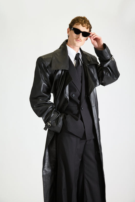 Self Stripe Wool Suit & Leather Overcoat