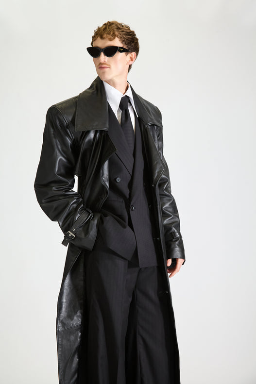 Self Stripe Wool Suit & Leather Overcoat