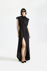 Tailored Peak Lapel Slit Wool Dress