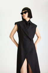 Tailored Peak Lapel Slit Wool Dress