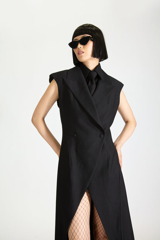 Tailored Peak Lapel Slit Wool Dress