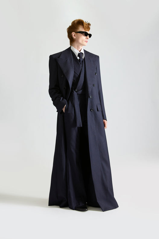 Tailored Pinstripe Wool Jumpsuit & Overcoat