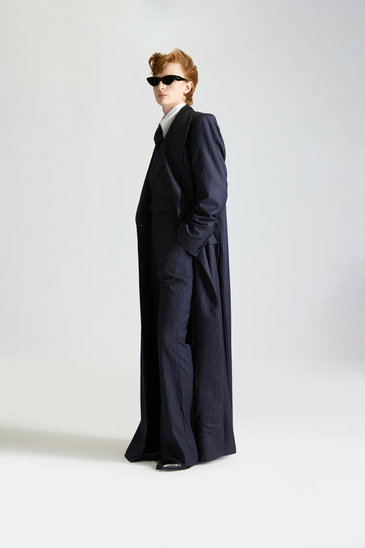 Tailored Pinstripe Wool Jumpsuit & Overcoat