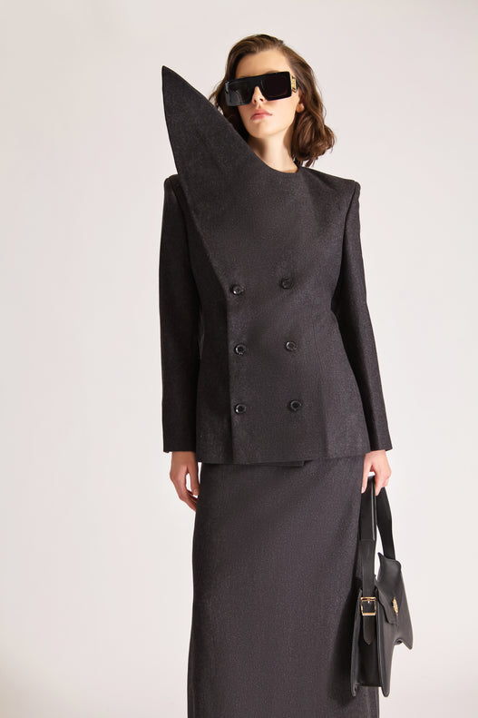 Double Breasted Pointed Lapel Wool Jacket & Skirt