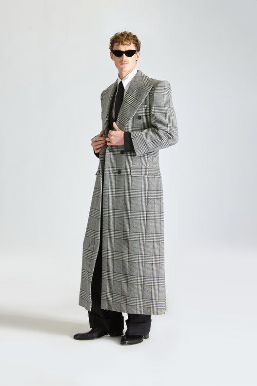 Tailored Double Breasted Cashmere & Wool Check Overcoat