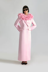 Tailored satin double breasted overcoat with frill