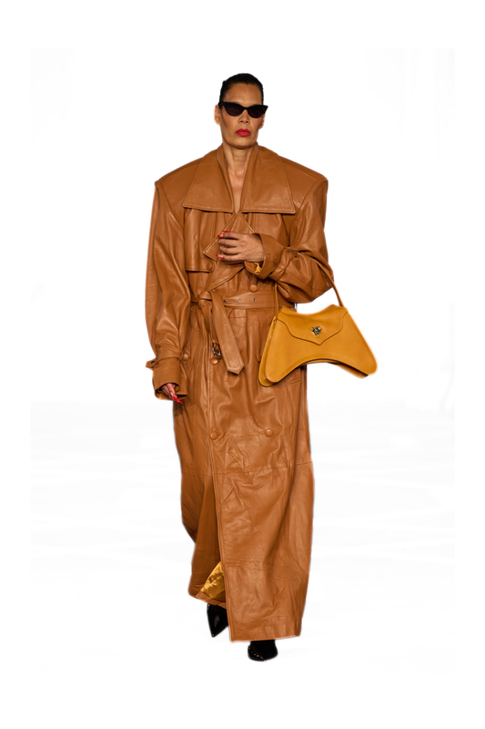 Double Breasted Belted Leather Long Coat