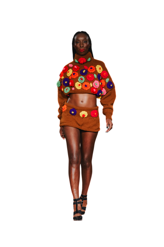 Hand Knit Turtle Neck Cropped Wool Jumper & Mini Skirt